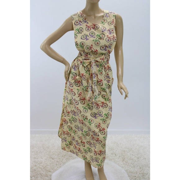 Long Bib Apron Bicycles on Yellow seersucker fabric Wrap style Pinafore M L - Picture 9 of 9